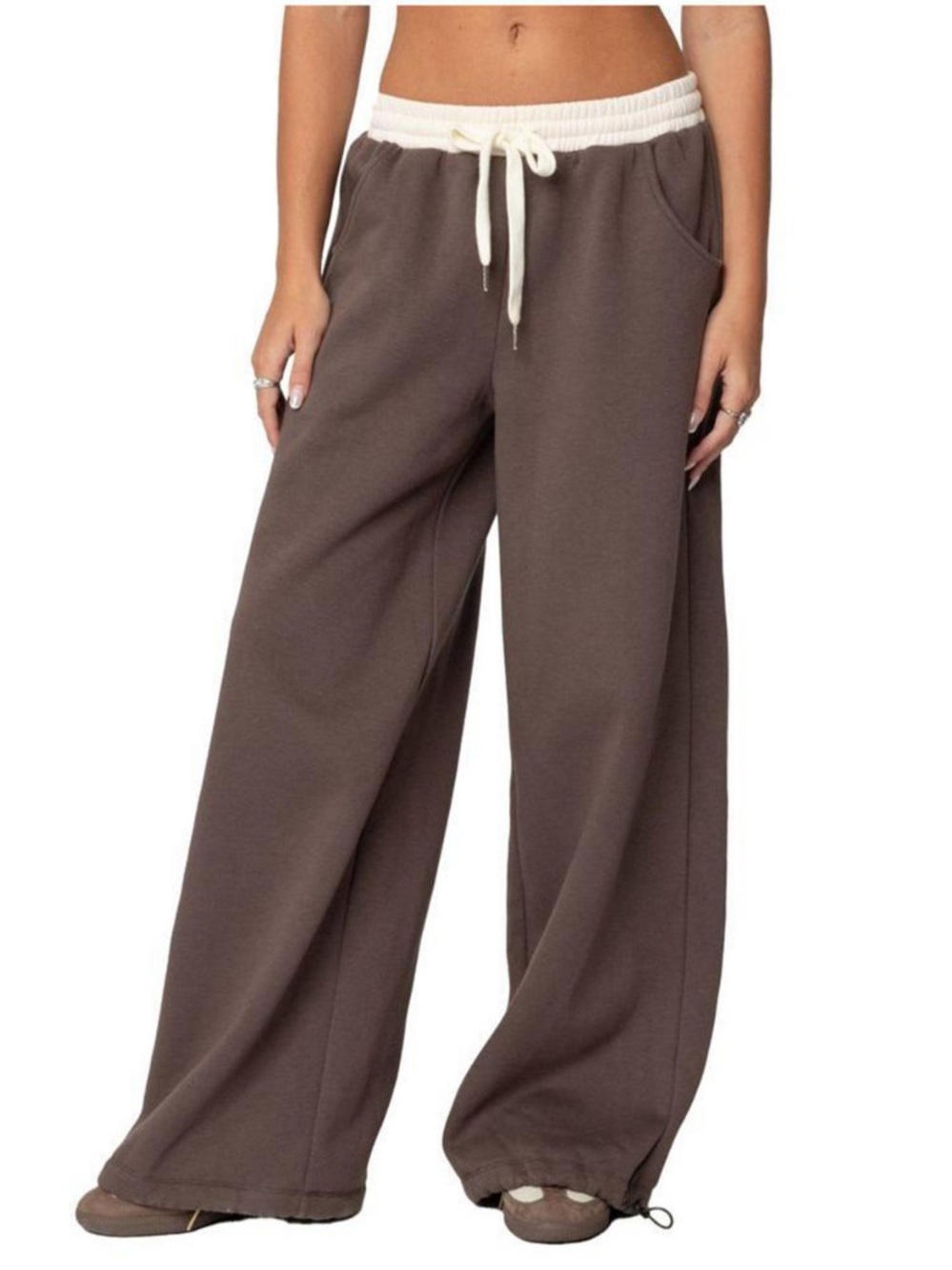 🐻 Edikted Brown Wide-Leg Mikki Drawstring Track Pants with Contrast Waist 🐻